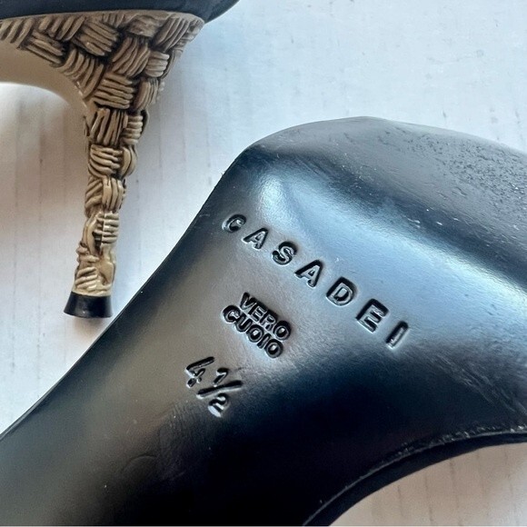 Casadei‎ Black Sandals w/ Ankle Strap & Rattan Bamboo Look Heels Women Sz US 4.5 - Picture 13 of 15